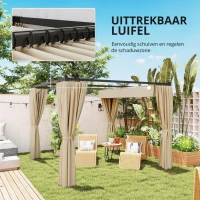 Outsunny Pergola 3 x 3 m Vrijstaande terrasoverkapping met schuifdak, 4 zijwanden UV-bestendig Beige(m-5)