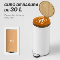 HOMCOM Cubo de Basura Cocina 30L con Pedal Tapa de Bambú de Cierre Suave y Cubo Extraíble para Dormitorio Oficina Salón Blanco(m-4)