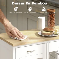 HOMCOM Desserte de cuisine à roulettes, îlot central cuisine avec plateau en bambou, porte vitrée, 67 x 35 x 80 cm, blanc(m-4)