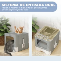 PawHut Arenero para Gatos Plegable M con Tapa Enrejada Bandeja Extraíble Pala Gancho Lateral Fácil de Limpiar Antifugas Gris(m-7)