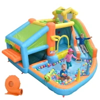 Château gonflable pour enfants avec parc aquatique, toboggan, pataugeoire, cuisine de jeu et jeu d'anneaux, 360x350x210 cm, Multicolore(m-6)