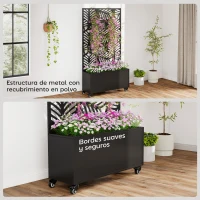 Outsunny Jardinera Exterior Grande con Ruedas Pantalla de Privacidad de Hojas de Monstera Marco Metal 90x30x160 cm Negro(m-7)