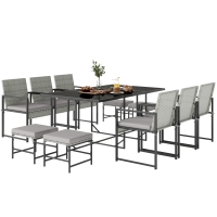 Outsunny Ensemble repas patio 11 pièces, mobilier extérieur avec 6 fauteuils, 4 poufs, Gris