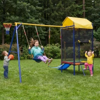 Juego exterior multifuncional 4 en 1 para niños, trampolín con red de seguridad, para 3–8 años, 336x217x238 cm, Multicolor(m-5)