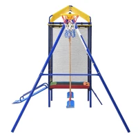 Juego exterior multifuncional 4 en 1 para niños, trampolín con red de seguridad, para 3–8 años, 336x217x238 cm, Multicolor(m-7)
