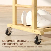 HOMCOM Galán de Noche Bambú con Ruedas Percha Superior Barras para Pantalones y Balda Inferior para zapatos Natural y Blanco(m-5)