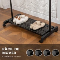 HOMCOM Tendedero Extensible con Ruedas con Barra de Acero Inoxidable y Estante para Zapatos 159x42x168 cm Negro y Plata(m-5)
