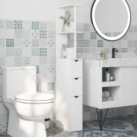 HOMCOM Colonna Bagno con Armadietto, Ripiani e Cassetti, in Legno, 15x33x136.8 cm, Bianco(m-2)