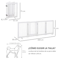 PawHut Barrera de Seguridad para Perros Plegable de Madera para Escaleras y Puertas con Soporte de Pie 204x36x75 cm Blanco(m-3)