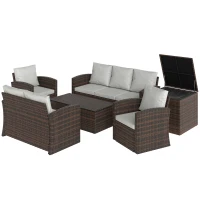 Outsunny Conjunto de Jardim Exterior de Vime 6 Peças Almofadas Sofá Duplo Sofá de 3 Lugares 2 Poltronas 2 Mesas Auxiliares Bege(m-11)