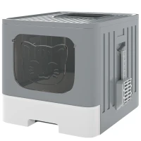 PawHut Arenero para Gatos Plegable M con Tapa Enrejada Bandeja Extraíble Pala Gancho Lateral Fácil de Limpiar Antifugas Gris(m-1)