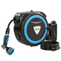 Outsunny Derulator Furtun Udare Montat pe Perete 14+1,5 m cu Blocare și Adaptoare, Rotativ 180°, 12 Moduri, 49x15x37cm, Albastru(m-1)