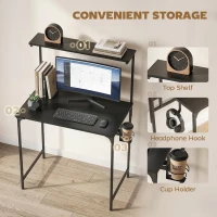 HOMCOM Computer Desk, 80cm Home Office Study Table with Hutch Shelf, Cup Holder, Headphone Hook, Black(m-4)