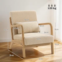 HOMCOM Poltrona lounge in velluto con 3 cuscini e struttura in hevea, Beige(m-3)