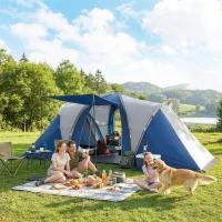 Outsunny Cort de Camping cu Dublu Strat Tip Tunel Familial 4-5 Persoane 2 Camere și Living pentru 12 Persoane Albastru(m-2)