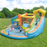 Château gonflable pour enfants avec parc aquatique, toboggan, pataugeoire, cuisine de jeu et jeu d'anneaux, 360x350x210 cm, Multicolore(m-1)