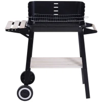 Outsunny Trolley Charcoal BBQ Barbecue Grill Outdoor Patio Garden Heating Smoker with Side Trays Storage Shelf and Wheels(m-21)