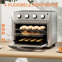 HOMCOM Mini-oven met hetelucht, heteluchtfriteuse, 6 verwarmingsmodi, timer, accessoires, 24L, zilver(m-9)