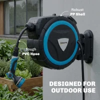 Outsunny Derulator Furtun Udare Montat pe Perete 14+1,5 m cu Blocare și Adaptoare, Rotativ 180°, 12 Moduri, 49x15x37cm, Albastru(m-4)