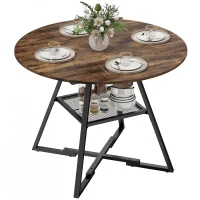 HOMCOM Mesa de Comedor Redonda para 4 Personas con Estante Marco Metálico para Sala de Estar Ø100x76 cm Marrón Rústico(m-11)