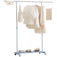 HOMCOM Tendedero Extensible con Ruedas con Barra de Acero Inoxidable y Estante para Zapatos 159x42x168 cm Azul y Plata(m-10)