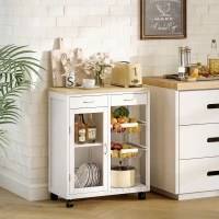 HOMCOM Desserte de cuisine à roulettes, îlot central cuisine avec plateau en bambou, porte vitrée, 67 x 35 x 80 cm, blanc(m-10)