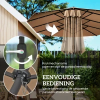 Outsunny parasol met LED dubbele parasol 440 x 260 cm tuinparasol marktparasol grote terrasparasol met handslinger ovaal metaal kaki(m-6)