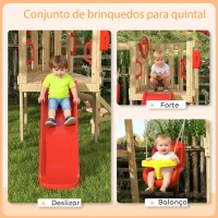 Outsunny Parque Infantil Exterior de Madeira com Baloiço Escorrega Volante Buzina Telefone para Jardim Relvado Vermelho e Madeira(m-5)