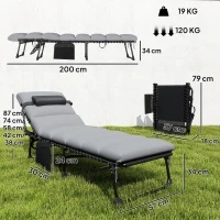 Outsunny Conjunto de 2 Espreguiçadeiras com Colchão 9cm Dobrável Encosto Regulável 5 Posições Apoio de Cabeça 200cm Cinza(m-3)