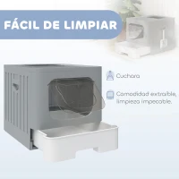 PawHut Arenero para Gatos Plegable M con Tapa Enrejada Bandeja Extraíble Pala Gancho Lateral Fácil de Limpiar Antifugas Gris(m-4)
