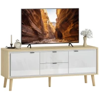 HOMCOM Mueble de TV Moderno de 2 Puertas 2 Cajones Orificios y Estantes Extraíbles 120x35x50 cm Blanco Brillo y Roble(m-10)
