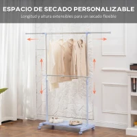 HOMCOM Tendedero Extensible con Ruedas con Barra de Acero Inoxidable y Estante para Zapatos 159x42x168 cm Azul y Plata(m-4)