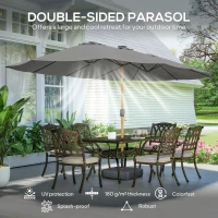Outsunny Double Sided Garden Parasol with Base Included & 48 Solar LED Lights Patio Umbrella Crank Handle 4.6m Light Grey(m-4)