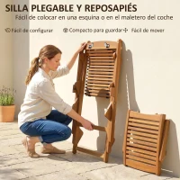 Outsunny Tumbona Silla Plegable de Madera con Reposapiés Desmontable y Cojín con Reposacabezas Carga 160 kg 158x61x70 cm Beige(m-6)