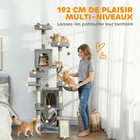PawHut Arbre à chat tour de jeux pour chat 8 poteaux à griffer 4 plateformes 2 niches  échelle et 3 boules hauteur 192 cm gris(m-4)
