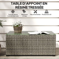 Outsunny Table basse de jardin, table d'appoint en résine tressée avec plateau en verre trempé, 90 x 50 x 38 cm, gris foncé(m-4)