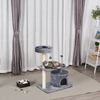 PawHut Arbre à chats griffoir sisal naturel centre d'activités niche plateformes jeu boule suspendue et à ressort gris(m-10)
