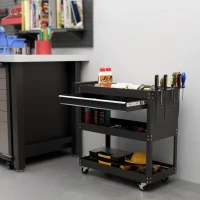 DURHAND Carrello 3 Livelli in Acciaio con Cassetto, Porta Utensili Laterale e Maniglia, Nero(m-2)