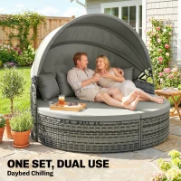 Outsunny Bain de soleil rond, lit de jardin extérieur modulable 3 PSC en résine tressée avec auvent rétractable, gris clair(m-4)