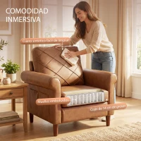 HOMCOM Sofá Individual Tapizado en PU Cojín Grueso Respaldo con Costuras Patas de Madera Maciza Marrón(m-4)