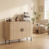 HOMCOM Buffet salon, meuble de rangement avec 2 portes coulissantes en tambour à lattes et 4 compartiments, chêne(m-9)