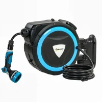 Outsunny Derulator Furtun Udare Montat pe Perete 14+1,5 m cu Blocare și Adaptoare, Rotativ 180°, 12 Moduri, 49x15x37cm, Albastru(m-7)