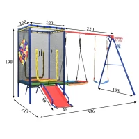 Parque infantil exterior 5 en 1, trampolín con red de seguridad y cremallera, para niños de 3–8 años, 336x217x198 cm, Multicolor(m-3)