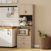 HOMCOM Mueble para microondas, aparador, 2 cajones, 2 puertas, encimera, estante regulable, panel perforado, 4 ganchos, natural(m-6)