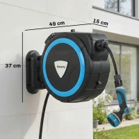 Outsunny Derulator Furtun Udare Montat pe Perete 14+1,5 m cu Blocare și Adaptoare, Rotativ 180°, 12 Moduri, 49x15x37cm, Albastru(m-3)