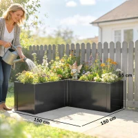 Outsunny Pat înălțat în formă de L pentru flori, rezistent la intemperii, pat de plantare/seră timpurie din oțel zincat 150 x 150 x 55 cm Negru(m-3)