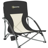 Outsunny Sedia da Spiaggia Pieghevole con Schienale a Rete e Portabicchieri, in Metallo e Tessuto Oxford, 58x55x62 cm, Nero(m-1)
