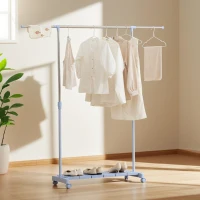 HOMCOM Tendedero Extensible con Ruedas con Barra de Acero Inoxidable y Estante para Zapatos 159x42x168 cm Azul y Plata(m-7)