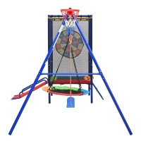 Parque infantil exterior 5 en 1, trampolín con red de seguridad y cremallera, para niños de 3–8 años, 336x217x198 cm, Multicolor(m-7)