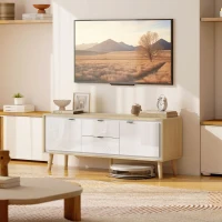 HOMCOM Dulap TV, pentru televizoare până la 140 cm, 2 uși lucioase, 2 sertare silențioase, 120 x 35 x 50 cm, alb(m-6)